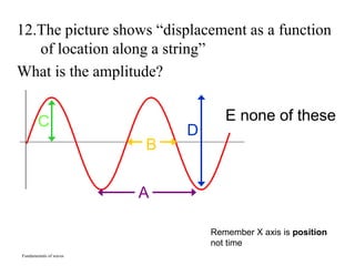 Fundamentals of waves
12.The picture shows “displacement as a function
of location along a string”
What is the amplitude?
Remember X axis is position
not time
A
B
C
D
E none of these
 
