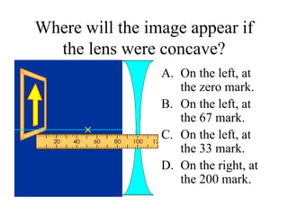 Where will the image appear if
the lens were concave?
A. On the left, at
the zero mark.
B. On the left, at
the 67 mark.
C. On the left, at
the 33 mark.
D. On the right, at
the 200 mark.
 