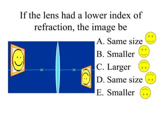 If the lens had a lower index of
refraction, the image be
A. Same size
B. Smaller
C. Larger
D. Same size
E. Smaller
 