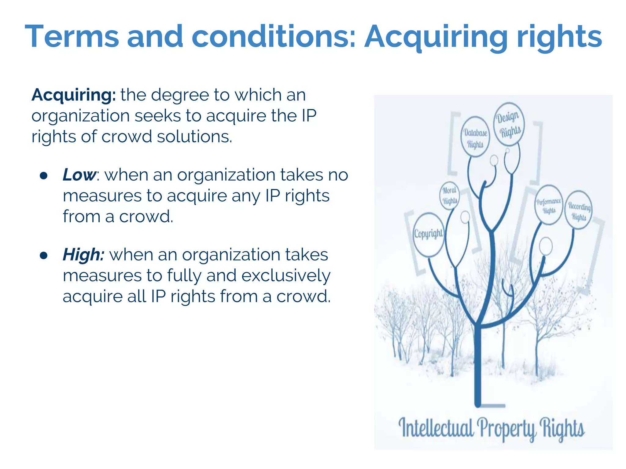 Acquiring: the degree to which an
organization seeks to acquire the IP
rights of crowd solutions.
● Low: when an organization takes no
measures to acquire any IP rights
from a crowd.
● High: when an organization takes
measures to fully and exclusively
acquire all IP rights from a crowd.
Terms and conditions: Acquiring rights
 