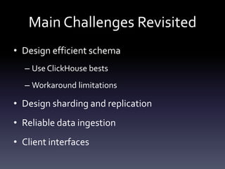 Main Challenges Revisited
• Design efficient schema
– Use ClickHouse bests
– Workaround limitations
• Design sharding and replication
• Reliable data ingestion
• Client interfaces
 