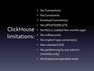 ClickHouse
limitations:
• NoTransactions
• No Constraints
• Eventual Consistency
• No UPDATE/DELETE
• No NULLs (added few months ago)
• No milliseconds
• No Implicit type conversions
• Non-standard SQL
• No partitioning by any column
(monthly only)
• No Enterprise operation tools
 