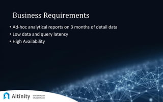 Business Requirements
• Ad-hoc analytical reports on 3 months of detail data
• Low data and query latency
• High Availability
 