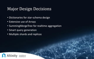 Major Design Decisions
• Dictionaries for star-schema design
• Extensive use of Arrays
• SummingMergeTree for realtime aggregation
• Smart query generation
• Multiple shards and replicas
 