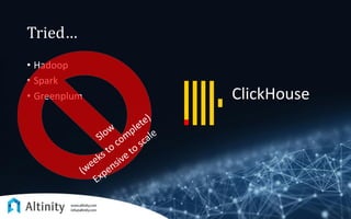 Tried…
• Hadoop
• Spark
• Greenplum ClickHouse
 