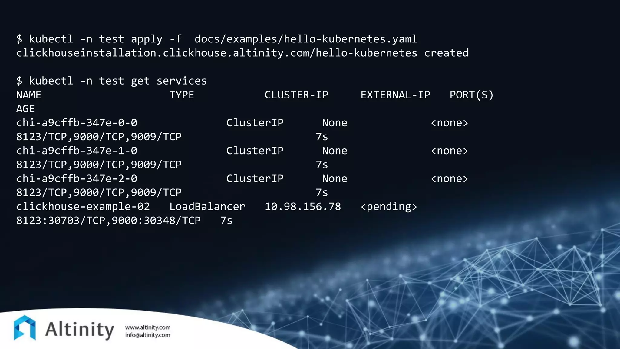$ kubectl -n test apply -f docs/examples/hello-kubernetes.yaml
clickhouseinstallation.clickhouse.altinity.com/hello-kubernetes created
$ kubectl -n test get services
NAME TYPE CLUSTER-IP EXTERNAL-IP PORT(S)
AGE
chi-a9cffb-347e-0-0 ClusterIP None <none>
8123/TCP,9000/TCP,9009/TCP 7s
chi-a9cffb-347e-1-0 ClusterIP None <none>
8123/TCP,9000/TCP,9009/TCP 7s
chi-a9cffb-347e-2-0 ClusterIP None <none>
8123/TCP,9000/TCP,9009/TCP 7s
clickhouse-example-02 LoadBalancer 10.98.156.78 <pending>
8123:30703/TCP,9000:30348/TCP 7s
 