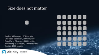 Size does not matter
Yandex: 500+ servers, 25B rec/day
LifeStreet: 60 servers, 100B rec/day
CloudFlare: 76 servers, 200B rec/day
Bloomberg: 102 servers, 1000B rec/day
Toutiao: 1000 servers
 