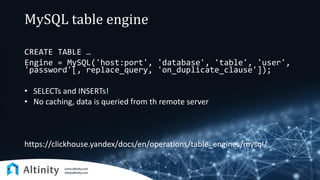 MySQL table engine
CREATE TABLE …
Engine = MySQL('host:port', 'database', 'table', 'user',
'password'[, replace_query, 'on_duplicate_clause']);
• SELECTs and INSERTs!
• No caching, data is queried from th remote server
https://clickhouse.yandex/docs/en/operations/table_engines/mysql/
 
