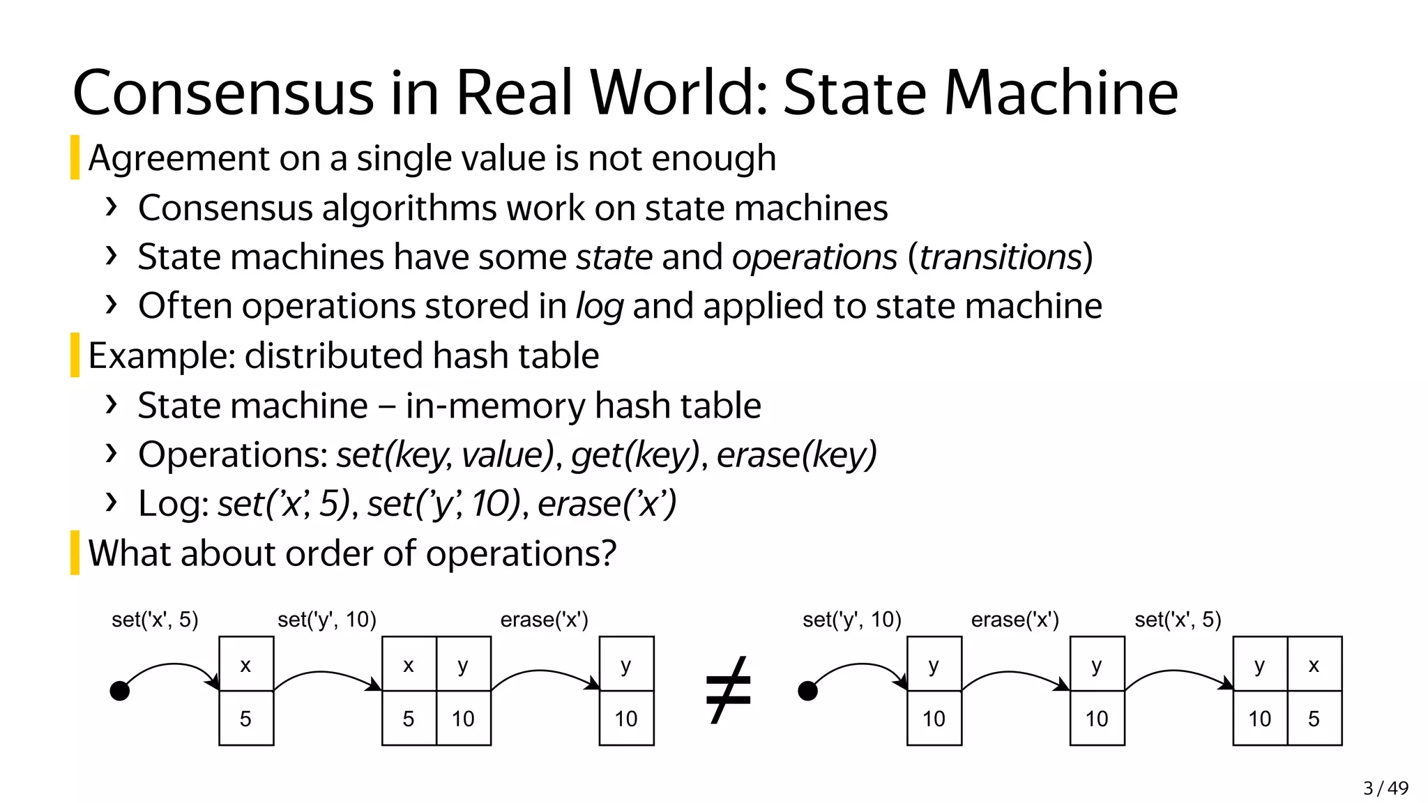 Consensus in Real World: State Machine
Agreement on a single value is not enough
› Consensus algorithms work on state machines
› State machines have some state and operations (transitions)
› Often operations stored in log and applied to state machine
Example: distributed hash table
› State machine – in-memory hash table
› Operations: set(key, value), get(key), erase(key)
› Log: set(’x’, 5), set(’y’, 10), erase(’x’)
What about order of operations?
x
5
x
5
y
10
y
10
set('x', 5) set('y', 10) erase('x')
y
10
y
10
y
10
set('y', 10) erase('x') set('x', 5)
x
5
≠
3 / 49
 