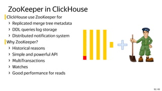 ZooKeeper in ClickHouse
ClickHouse use ZooKeeper for
› Replicated merge tree metadata
› DDL queries log storage
› Distributed notification system
Why ZooKeeper?
› Historical reasons
› Simple and powerful API
› MultiTransactions
› Watches
› Good performance for reads
18 / 49
 