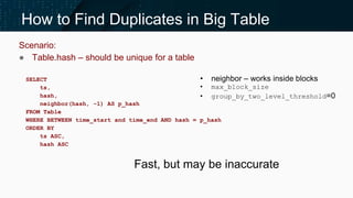 How to Find Duplicates in Big Table
SELECT
ts,
hash,
neighbor(hash, -1) AS p_hash
FROM Table
WHERE BETWEEN time_start and ...