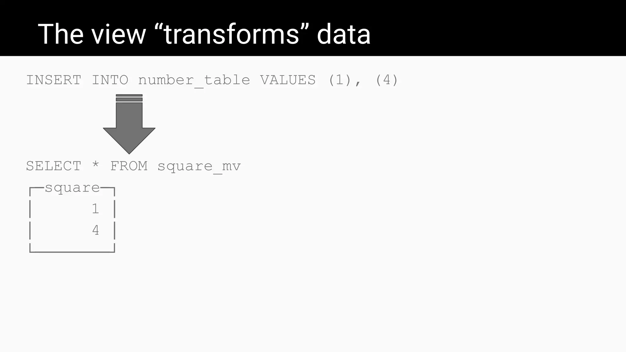 The view “transforms” data
INSERT INTO number_table VALUES (1), (4)
SELECT * FROM square_mv
┌─square─┐
│ 1 │
│ 4 │
└────────┘
 