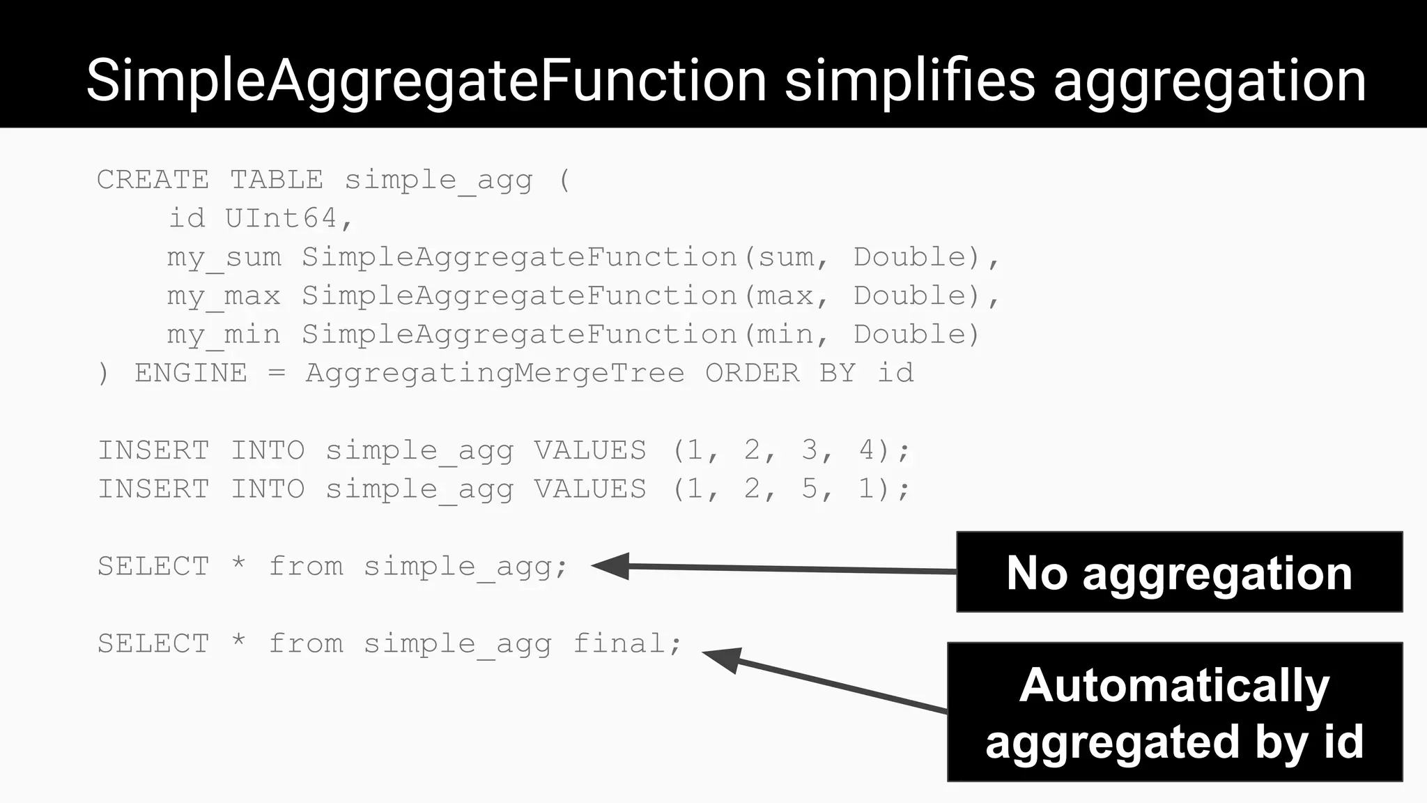 SimpleAggregateFunction simpliﬁes aggregation
CREATE TABLE simple_agg (
id UInt64,
my_sum SimpleAggregateFunction(sum, Double),
my_max SimpleAggregateFunction(max, Double),
my_min SimpleAggregateFunction(min, Double)
) ENGINE = AggregatingMergeTree ORDER BY id
INSERT INTO simple_agg VALUES (1, 2, 3, 4);
INSERT INTO simple_agg VALUES (1, 2, 5, 1);
SELECT * from simple_agg;
SELECT * from simple_agg final;
No aggregation
Automatically
aggregated by id
 