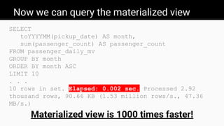 Now we can query the materialized view
SELECT
toYYYYMM(pickup_date) AS month,
sum(passenger_count) AS passenger_count
FROM passenger_daily_mv
GROUP BY month
ORDER BY month ASC
LIMIT 10
. . .
10 rows in set. Elapsed: 0.002 sec. Processed 2.92
thousand rows, 90.66 KB (1.53 million rows/s., 47.36
MB/s.)
Materialized view is 1000 times faster!
 