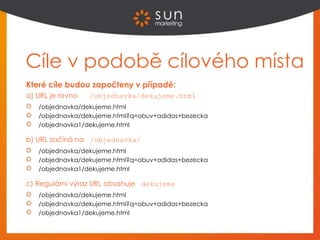 Cíle v podobě cílového místa
Které cíle budou započteny v případě:
a) URL je rovno /objednavka/dekujeme.html
/objednavka/dekujeme.html
/objednavka/dekujeme.html?q=obuv+adidas+bezecka
/objednavka1/dekujeme.html
b) URL začíná na /objednavka/
/objednavka/dekujeme.html
/objednavka/dekujeme.html?q=obuv+adidas+bezecka
/objednavka1/dekujeme.html
c) Regulární výraz URL obsahuje dekujeme
/objednavka/dekujeme.html
/objednavka/dekujeme.html?q=obuv+adidas+bezecka
/objednavka1/dekujeme.html
 