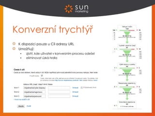 Konverzní trychtýř
K dispozici pouze u Cíl adresy URL
Umožňují:
 zjistit, kde uživatel v konverzním procesu odešel
 eliminovat úzká hrdla
 
