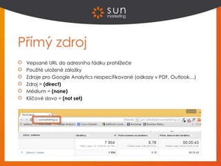Přímý zdroj
Vepsané URL do adresního řádku prohlížeče
Použité uložené záložky
Zdroje pro Google Analytics nespecifikované (odkazy v PDF, Outlook…)
Zdroj = (direct)
Médium = (none)
Klíčové slovo = (not set)
 