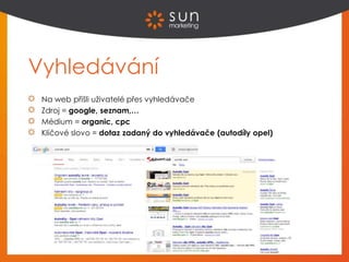 Vyhledávání
Na web přišli uživatelé přes vyhledávače
Zdroj = google, seznam,…
Médium = organic, cpc
Klíčové slovo = dotaz zadaný do vyhledávače (autodíly opel)
 