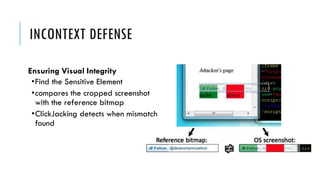 INCONTEXT DEFENSE
Ensuring Visual Integrity
•Find the Sensitive Element
•compares the cropped screenshot
with the reference bitmap
•ClickJacking detects when mismatch
found
 
