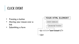 CLICK EVENT
• Pressing a button
• Moving your mouse over a
link
• Submitting a form
 
