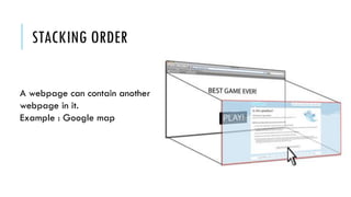 STACKING ORDER
A webpage can contain another
webpage in it.
Example : Google map
 
