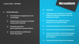 MicroambienteAnálise SWOT - EXTERNO
➔ OPORTUNIDADES
❏ Crescimento do engajamento com
a tecnologia
❏ Desinteresse dos alunos no método
antigo ainda utilizado
❏ Possíveis parcerias
governamentais e internacionais
❏ Desenvolvimento profissional
futuro dos jovens
➔ AMEAÇAS
❏ Atual governo, pois não há crescentes
melhorias feitas nos últimos anos e no
momento presente
❏ Possibilidade de candidato contra
educação e inovação ser eleito
❏ Aumento de possíveis novos concorrentes
❏ Forte concorrência em Marketing Digital
❏ Governo extremista e ditatorial prejudica
empreendedorismo no setor social feito
por mulheres
❏ Possíveis clientes rejeitarem a proposta
 