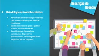 Descrição do
Negócio
➔ Metodologia de trabalho coletivo:
● Através de live marketing/ Vivências
com nossos clientes para mostrar
resultados;
● Dinâmicas mensais para o público
interno de nossos clientes;
● Reuniões para discussões e
saneamento de possíveis
problemáticas e efeitos positivos e
negativos para a empresa;
 