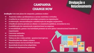 Divulgação e
Relacionamento
CAMPANHA
CHANGE NOW
Avaliação: Com esse plano de campanha, podemos avaliar:
➔ Possíveis ruídos e problemáticas a serem resolvidas e evitadas;
➔ A melhoria na comunicação estratégica presente na organização;
➔ A elaboração, estruturalização e emolduração da imagem corporativa;
➔ O feedback externo perante ao cliente e à consultoria (públicos, investidores etc);
➔ A solidificação da comunicação organizacional na empresa;
➔ A rentabilidade, gastos e lucratividade presente no novo plano comunicacional inserido na
organização;
➔ Contratos assinados;
➔ Conversão de leads;
➔ Visitas no site e redes sociais - quantos interagiram;
➔ Visualizações nos vídeos e teasers;
➔ Monitoramento da lucratividade mensal;
➔ Quantidade de parcerias adquiridas;
➔ Número de depoimentos prestados.
 