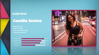 RELAÇÕES PÚBLICAS
Idade: 19 anos
Sexo: Feminino
Onde mora: Interlagos
Ocupação: Bancária
Competência A 90%
Competência B 85%
Competência C 83%
Competência D 65%
 