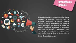 Descrição do
negócio
Nosso público direto, como consultoria, são as
empresas tecnológicas voltadas para a
realidade aumentada e virtual. Iremos
mostrar a elas a importância da inserção
dessa tecnologia nas escolas e como ela
culmina e alimenta os jovens a se relacionar
mais com os estudos. Utilizaremos uma
comunicação estratégica e eficaz para
alcançarmos esse objetivo, de forma clara e
direta, oferecendo serviços
 