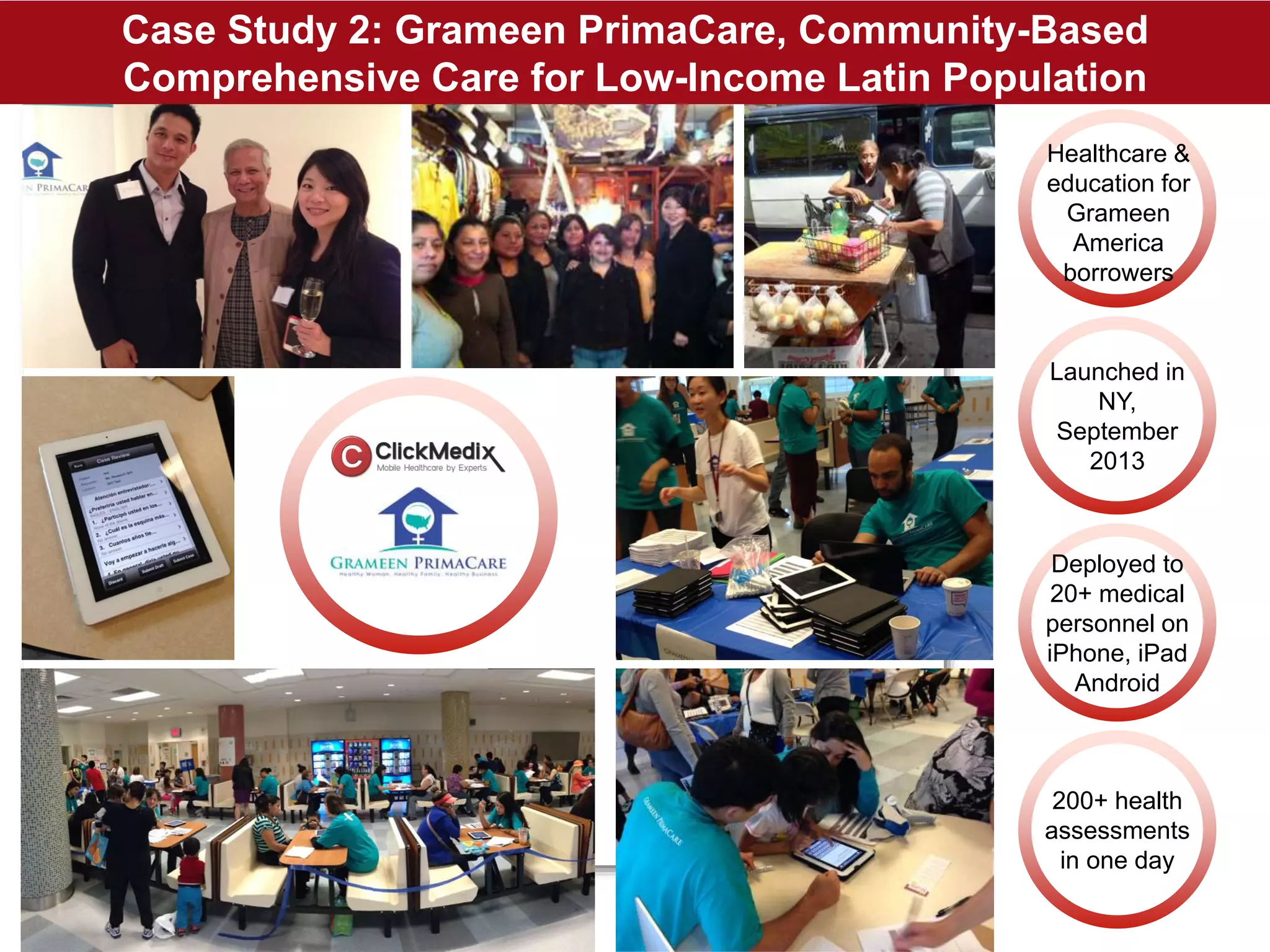200+ health
assessments
in one day
Deployed to
20+ medical
personnel on
iPhone, iPad
Android
Healthcare &
education for
Grameen
America
borrowers
Launched in
NY,
September
2013
Case Study 2: Grameen PrimaCare, Community-Based
Comprehensive Care for Low-Income Latin Population
 