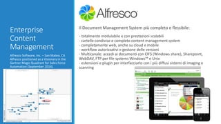 Enterprise
Content
Management
Alfresco Software, Inc. – San Mateo, CA
Alfresco positioned as a Visionary in the
Gartner Magic Quadrant for Sales Force
Automation (September 2014).
Il Document Management System più completo e flessibile:
- totalmente modulabile e con prestazioni scalabili
- cartelle condivise e completo content management system
- completamente web, anche su cloud e mobile
- workflow autorizzativi e gestone delle versioni
- Multicanale: accedi ai documenti con CIFS (Windows share), Sharepoint,
WebDAV, FTP per file systems Windows™ e Unix
- estensioni e plugin per interfacciarlo con i più diffusi sistemi di imaging e
scanning
 