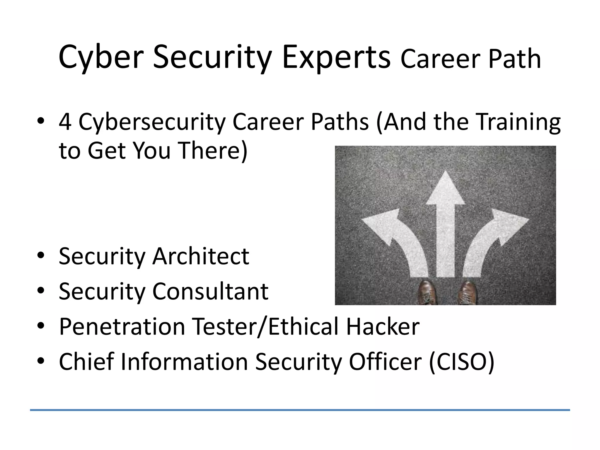 Cyber Security Experts Career Path
• 4 Cybersecurity Career Paths (And the Training
to Get You There)
• Security Architect
• Security Consultant
• Penetration Tester/Ethical Hacker
• Chief Information Security Officer (CISO)
 