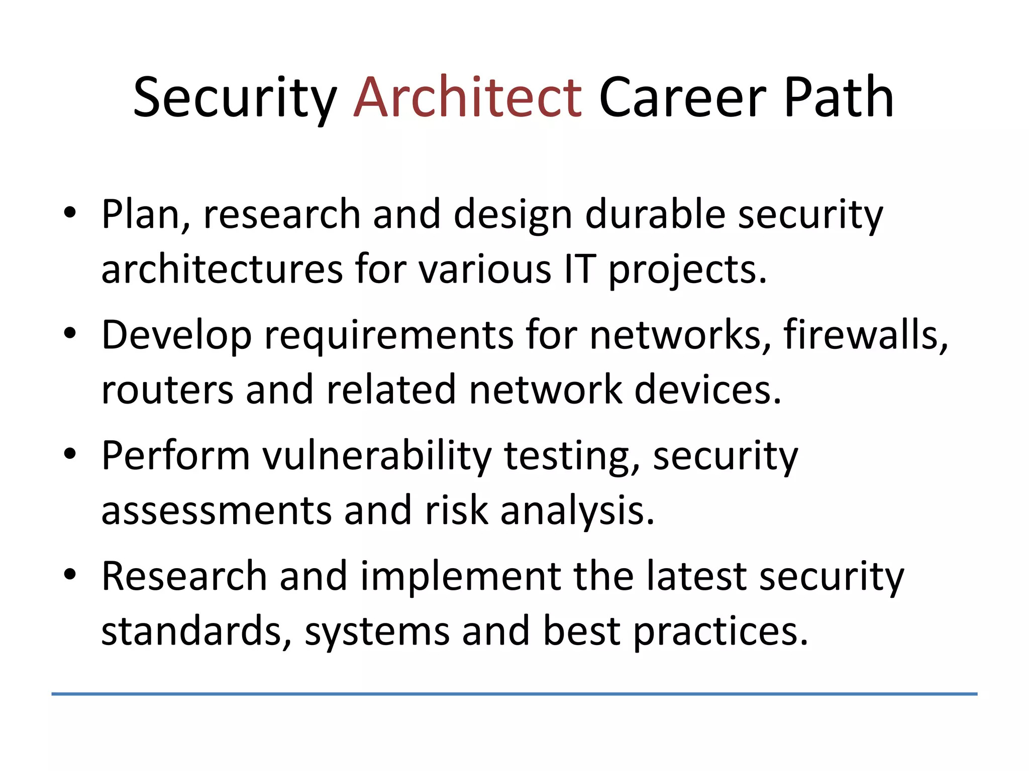 Security Architect Career Path
• Plan, research and design durable security
architectures for various IT projects.
• Develop requirements for networks, firewalls,
routers and related network devices.
• Perform vulnerability testing, security
assessments and risk analysis.
• Research and implement the latest security
standards, systems and best practices.
 