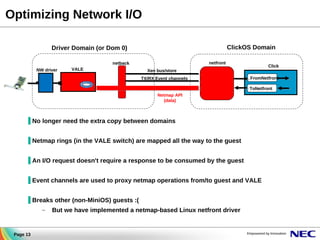 Optimizing Network I/O
ClickOS Domain

Driver Domain (or Dom 0)
netfront

netback
NW driver

VALE

Click

Xen bus/store
TX/RX Event channels

FromNetfront
ToNetfront

Netmap API
(data)

▐ No longer need the extra copy between domains
▐ Netmap rings (in the VALE switch) are mapped all the way to the guest
▐ An I/O request doesn't require a response to be consumed by the guest
▐ Event channels are used to proxy netmap operations from/to guest and VALE
▐ Breaks other (non-MiniOS) guests :(
–

Page 13

But we have implemented a netmap-based Linux netfront driver

 