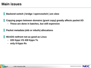 Main issues
▐ Backend switch ( bridge / openvswitch ) are slow
▐ Copying pages between domains (grant copy) greatly affects packet I/O
– These are done in batches, but still expensive
▐ Packet metadata (skb or mbufs) allocations
▐ MiniOS netfront not as good as Linux
– 225 Kpps VS 430 Kpps Tx
– only 8 Kpps Rx

Page 9

© NEC Corporation 2009

 