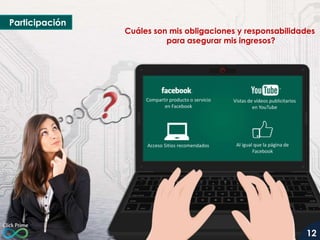 Participación

Cuáles son mis obligaciones y responsabilidades
para asegurar mis ingresos?

Compartir producto o servicio
en Facebook

Acceso Sitios recomendados

Vistas de vídeos publicitarios
en YouTube

Al igual que la página de
Facebook

12

 