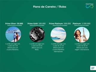 Plano de Carreira / Títulos

Prime Silver: 50.000
(Volume de pontos acumulados)

1 cartão pré-pago com
o valor de 5 mil
dólares para um
cruzeiro Marítimo.

Prime Gold: 100.000
(Volume de pontos acumulados)

1 cartão pré-pago com
o valor de 10 mil
dólares para um
Rolex.

Prime Platinum: 500.000 Platinum: 2.500.000
(Volume de pontos acumulados)

1 cartão pré-pago com
o valor de 15 mil
dólares para um
cruzeiro Marítimo
Internacional.

(Volume de pontos acumulados)

1 cartão pré-pago com
o valor de 30 mil
dólares para uma
viagem internacional.

27

 