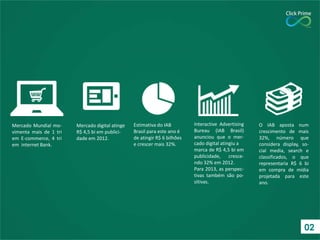 Mercado Mundial movimenta mais de 1 tri
em E-commerce, 4 tri
em internet Bank.

Mercado digital atinge
R$ 4,5 bi em publicidade em 2012.

Estimativa do IAB
Brasil para este ano é
de atingir R$ 6 bilhões
e crescer mais 32%.

Interactive Advertising
Bureau (IAB Brasil)
anunciou que o mercado digital atingiu a
marca de R$ 4,5 bi em
publicidade, crescendo 32% em 2012.
Para 2013, as perspectivas também são positivas.

O IAB aposta num
crescimento de mais
32%, número que
considera display, social media, search e
classificados, o que
representaria R$ 6 bi
em compra de mídia
projetada para este
ano.

02

 