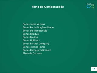 Bônus sobre Vendas
Bônus Por Indicações diretas
Bônus de Manutenção
Bônus Residual
Bônus Binário
Bônus UpDirect
Bônus Partner Company
Bônus Tripling Prime
Bônus Comprometimento
Plano de Carreira
Plano de Compensação
15
 