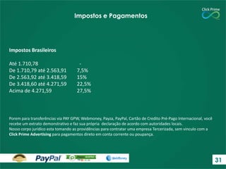 Impostos Brasileiros
Até 1.710,78 -
De 1.710,79 até 2.563,91 7,5%
De 2.563,92 até 3.418,59 15%
De 3.418,60 até 4.271,59 22,5%
Acima de 4.271,59 27,5%
Impostos e Pagamentos
Porem para transferências via PAY GPW, Webmoney, Payza, PayPal, Cartão de Credito Pré-Pago Internacional, você
recebe um extrato demonstrativo e faz sua própria declaração de acordo com autoridades locais.
Nosso corpo jurídico esta tomando as providências para contratar uma empresa Tercerizada, sem vinculo com a
Click Prime Advertising para pagamentos direto em conta corrente ou poupança.
31
 