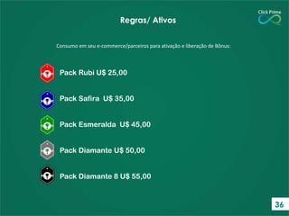 Consumo em seu e-commerce/parceiros para ativação e liberação de Bônus:
Regras/ Ativos
Pack Rubi U$ 25,00
Pack Safira U$ 35,00
Pack Esmeralda U$ 45,00
Pack Diamante U$ 50,00
Pack Diamante 8 U$ 55,00
36
 