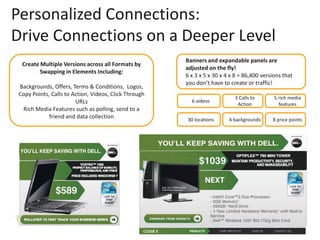 Personalized Connections:
Drive Connections on a Deeper Level
                                                      Banners and expandable panels are
 Create Multiple Versions across all Formats by
                                                      adjusted on the fly!
        Swapping in Elements Including:
                                                      6 x 3 x 5 x 30 x 4 x 8 = 86,400 versions that
                                                      you don’t have to create or traffic!
Backgrounds, Offers, Terms & Conditions, Logos,
Copy Points, Calls to Action, Videos, Click Through
                                                                          3 Calls to       5 rich media
                       URLs                             6 videos
                                                                           Action            features
 Rich Media Features such as polling, send to a
            friend and data collection                30 locations      4 backgrounds     8 price points
 