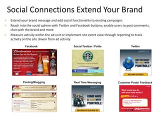 Social Connections Extend Your Brand
Extend your brand message and add social functionality to existing campaigns
Reach into the social sphere with Twitter and Facebook buttons, enable users to post comments,
chat with the brand and more
Measure activity within the ad unit or implement site event view through reporting to track
activity on the site driven from ad activity
         Facebook                         Social Toolbar / Polite                Twitter




        Posting/Blogging                  Real Time Messaging           Customer Posts/ Feedback
 