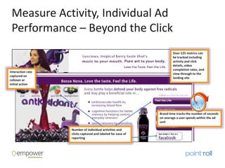 Measure Activity, Individual Ad
 Performance – Beyond the Click
                                                                     Over 125 metrics can
                                                                     be tracked including
                                                                     activity and click
                                                                     details, video
                                                                     completion rates, and
Interaction rate
                                                                     view through to the
captured on
                                                                     landing site
rollover or
initial action




                                                             Brand time tracks the number of seconds
                                                             on average a user spends within the ad
                                                             unit

                   Number of individual activities and
                   clicks captured and labeled for ease of
                   reporting
 