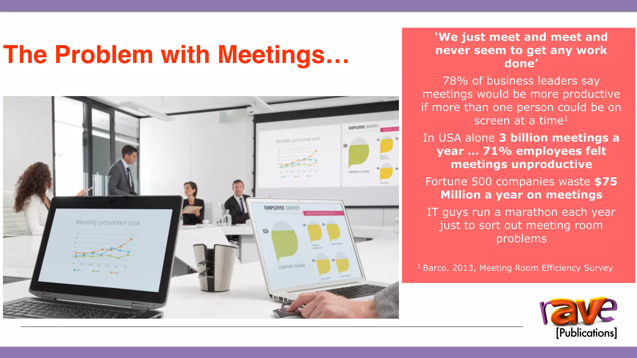 ‘We just meet and meet and
never seem to get any work
done’
78% of business leaders say
meetings would be more productive
if more than one person could be on
screen at a time1
In USA alone 3 billion meetings a
year … 71% employees felt
meetings unproductive
Fortune 500 companies waste $75
Million a year on meetings
IT guys run a marathon each year
just to sort out meeting room
problems
1 Barco, 2013, Meeting Room Efficiency Survey
The Problem with Meetings…
 