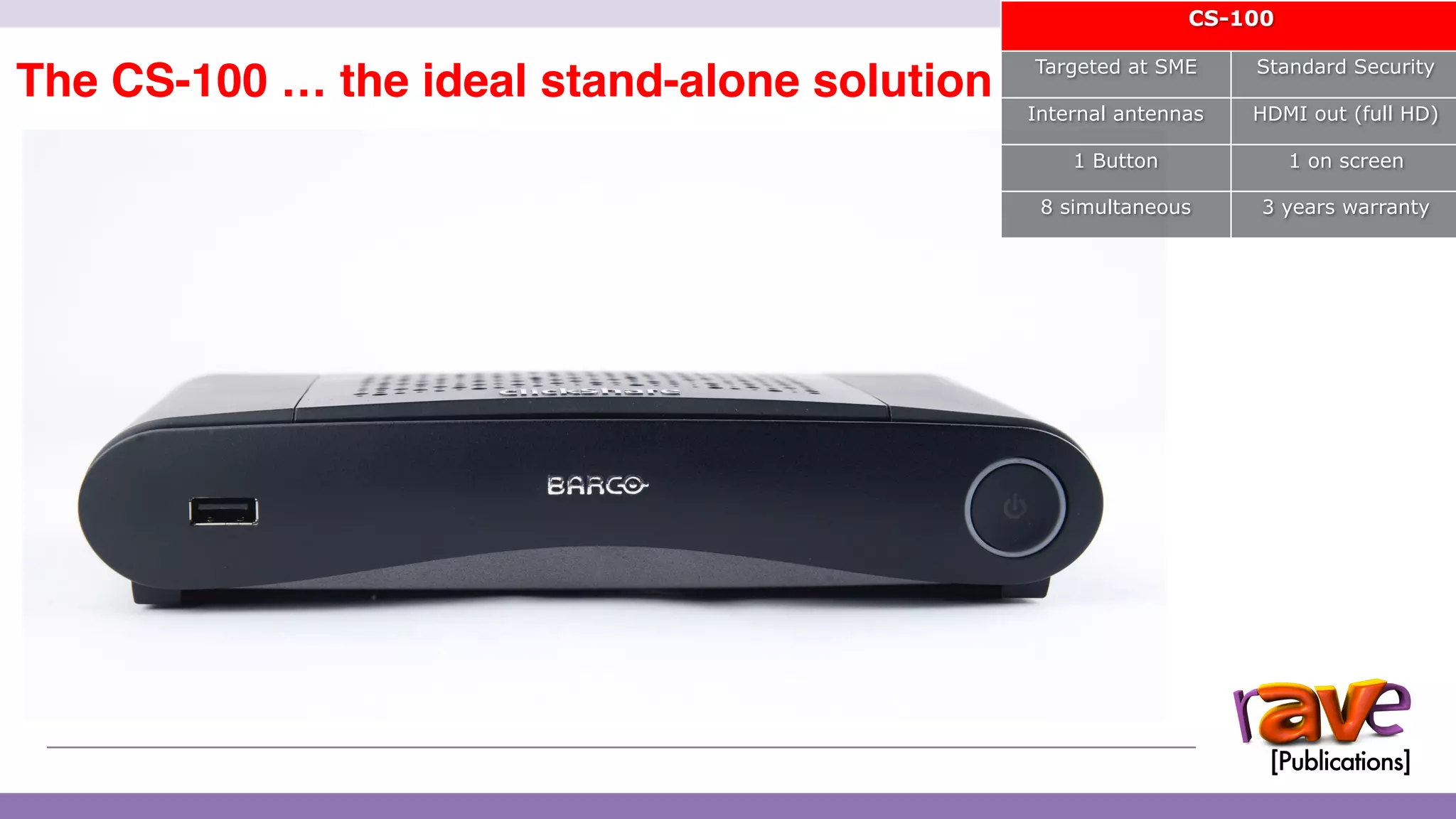 ClickShare CS-100 Introduction
The CS-100 … the ideal stand-alone solution
CS-100
Targeted at SME Standard Security
Internal antennas HDMI out (full HD)
1 Button 1 on screen
8 simultaneous 3 years warranty
12
 