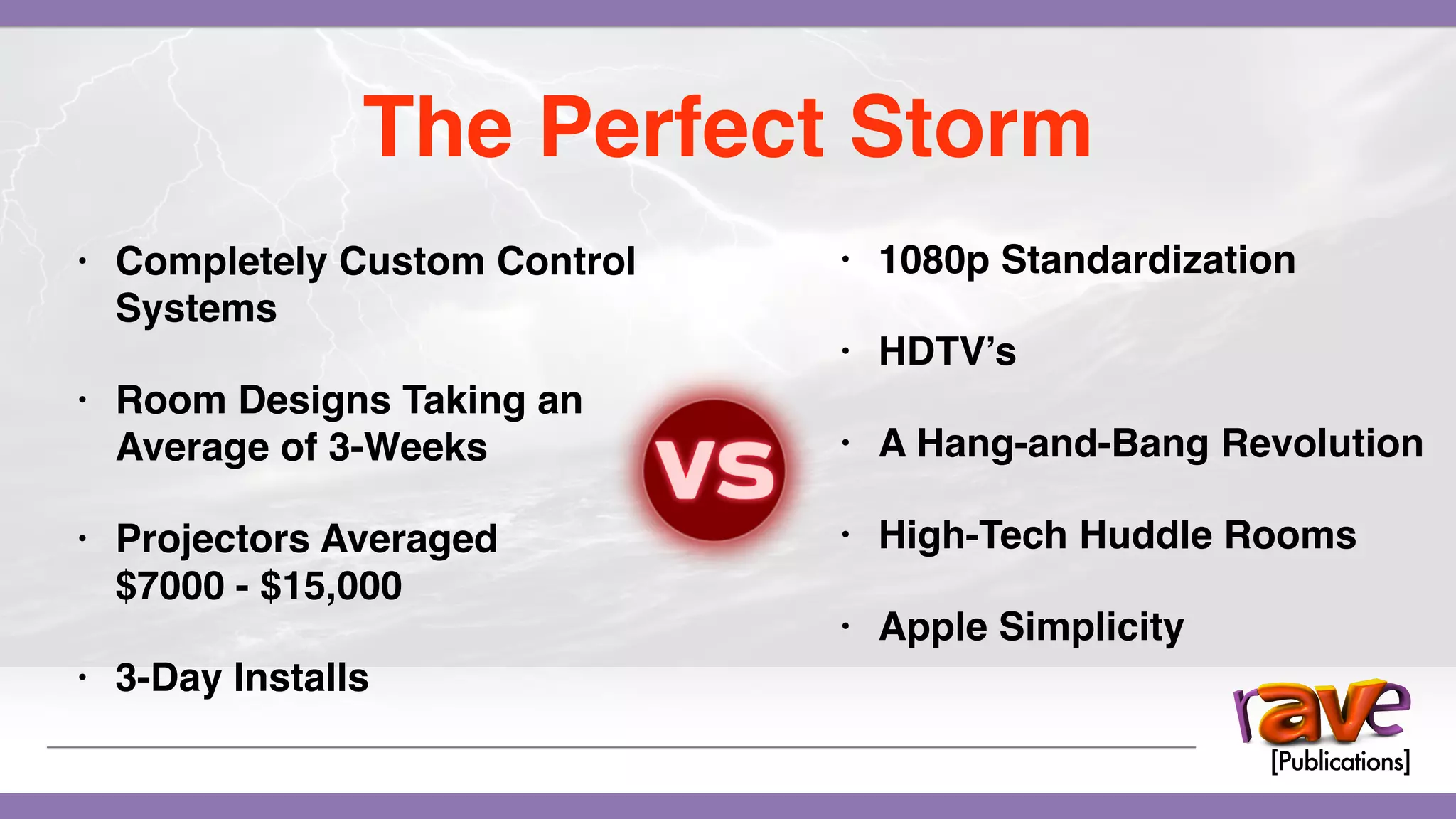 • Completely Custom Control
Systems
• Room Designs Taking an
Average of 3-Weeks
• Projectors Averaged
$7000 - $15,000
• 3-Day Installs
The Perfect Storm
• 1080p Standardization
• HDTV’s
• A Hang-and-Bang Revolution
• High-Tech Huddle Rooms
• Apple Simplicity
 