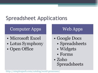 Spreadsheet Applications http://simplespark.com/catalog/word-processor/   