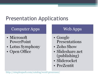 Presentation Applications http://simplespark.com/catalog/word-processor/   